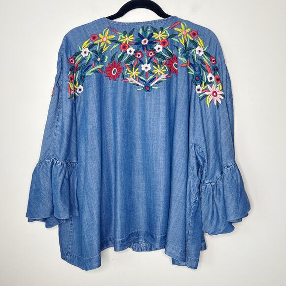 Chelsea & Theodore 3X Chambray‎ Floral Embroidered Ruffle Sleeve Full Zip Top - Picture 7 of 9